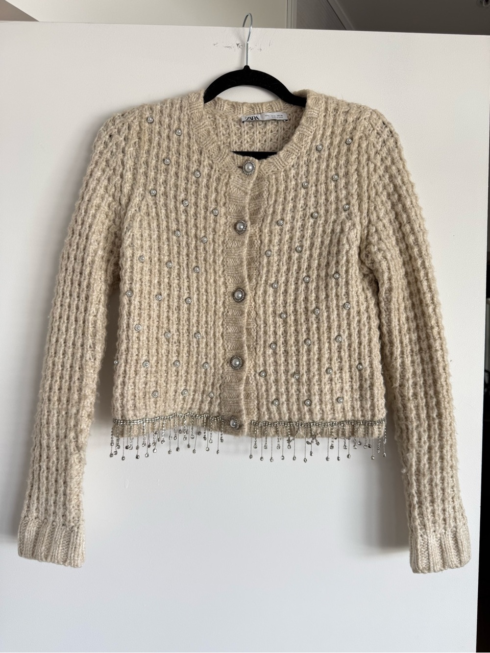 Zara Beaded Cream Knit Cardigan Sweater - Small